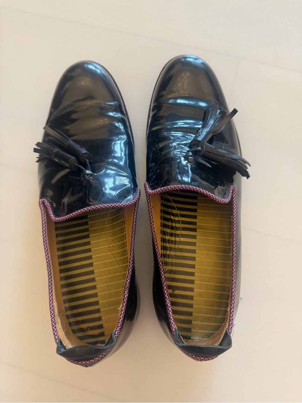 Justin Deakin Made In Italy Black Patent Leather Tassel Loafers Pink Trim Size 5
